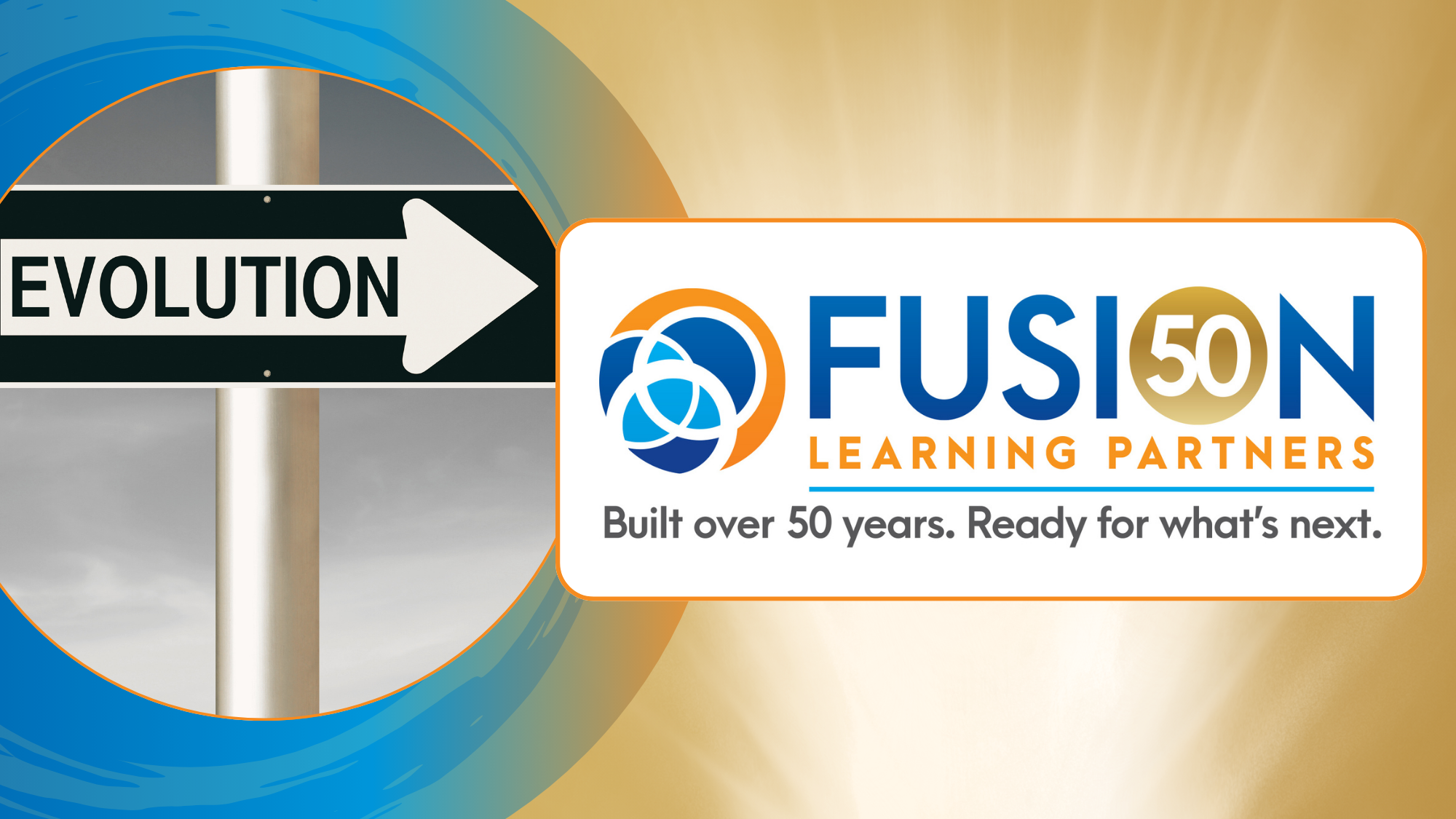 Banner with evolution street sign and Fusion logo